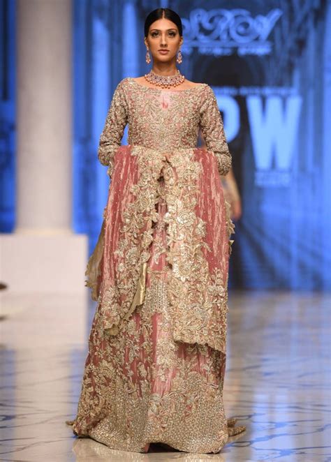 Pink Embroidered Pakistani Bridal Dress On Net Fabric Nameera By Farooq