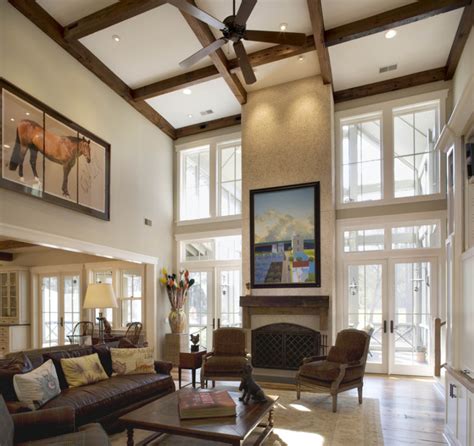 awesome high ceiling living room  brown wooden beam fan white
