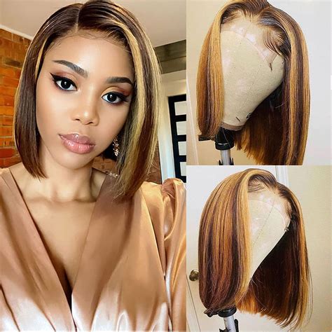 highlight ombre lace closure wig human hair colored human hair bob wig  lace closure