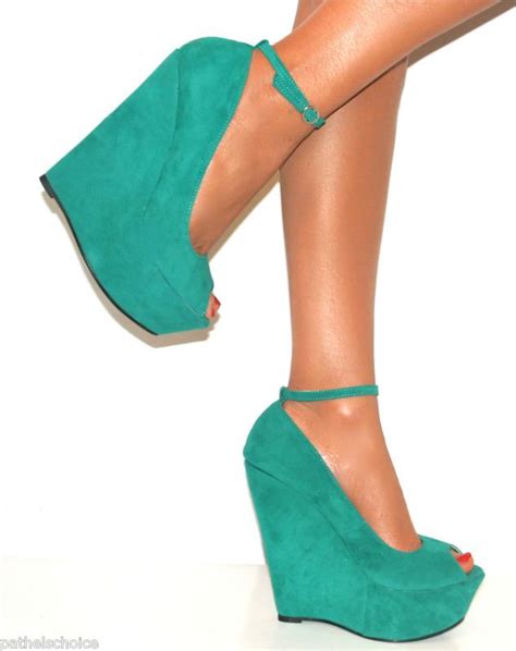 ladies jade green peep toe high wedge heels shoe strappy