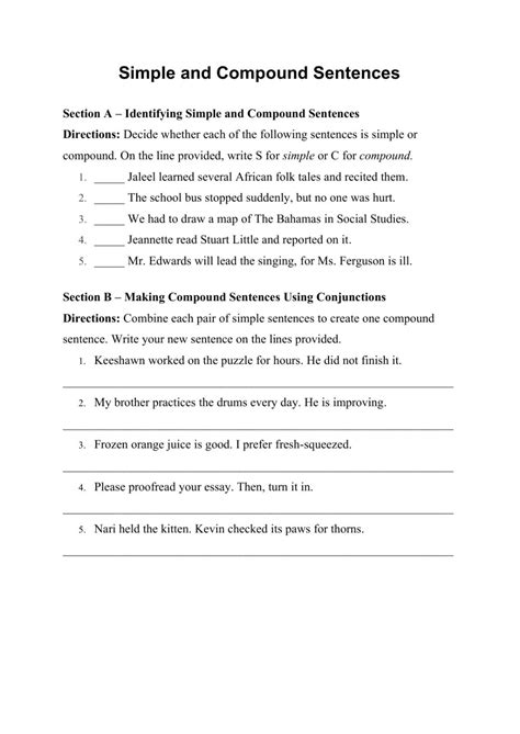 identifying simple  compound sentences worksheet