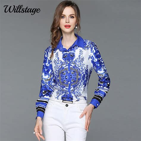 Willstage Blue Floral Shirts Women Long Sleeve Blouse Ol Office Ladies