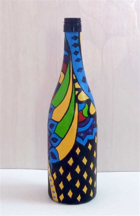 Hand Painted Glass Bottle Vase Multi Colored Design
