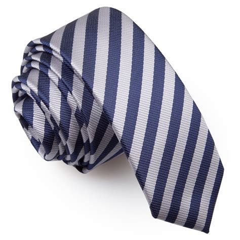 mens thin stripe navy blue silver skinny tie