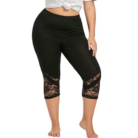 leggings women plus size 5xl fitness clothing high waist solid black lace patchwork capri