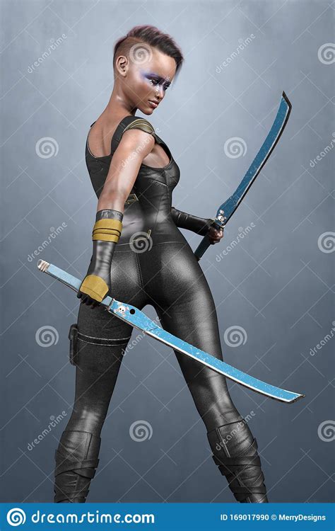 Rendering Of A Beautiful Fantasy Woman Character Holding Two Swords