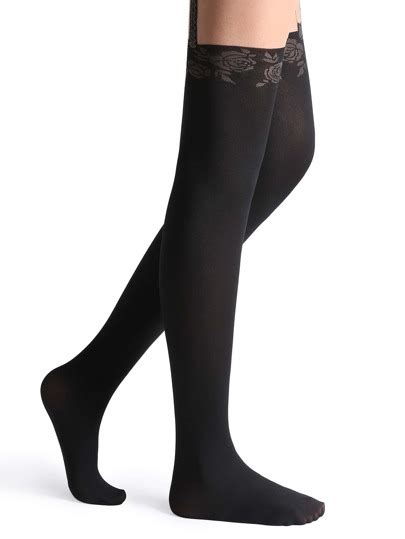 black floral trim velvet high stretch pantyhose stockings shein sheinside