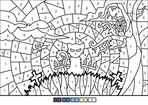 halloween scene color  number  printable coloring pages
