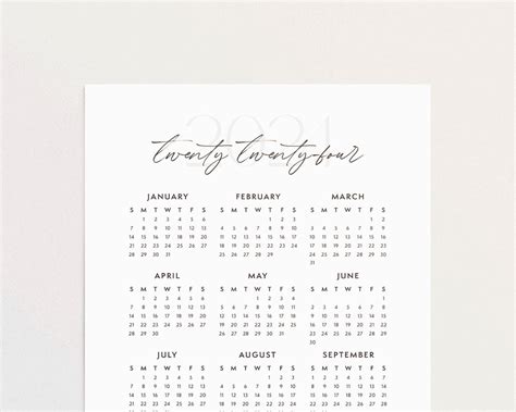 year   glance calendar printable minimalist calendar etsy