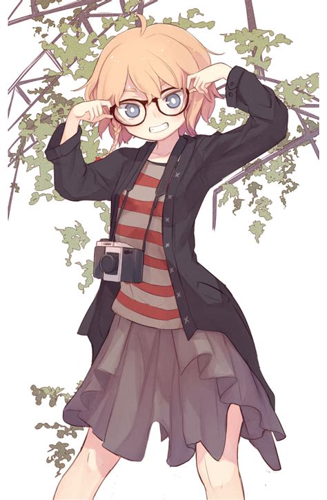 safebooru 1girl ahoge bespectacled blonde hair blue eyes braid camera