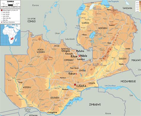 physical map  zambia ezilon maps