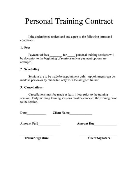 printable sample personal trainer contract form personal trainer business personal fitness