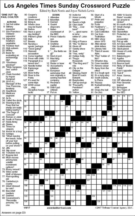 printable sunday crossword puzzles sample  los angeles times