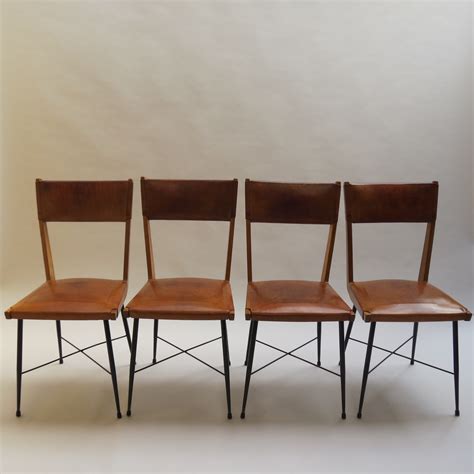 Set Of 4 Leather And Metal Italian Dining Chairs Decorative Modern