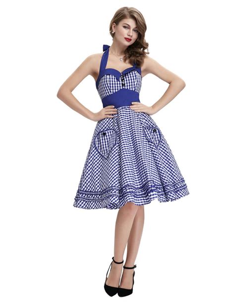 blue gingham halter pin up dress vintage clothing online 1950s glam