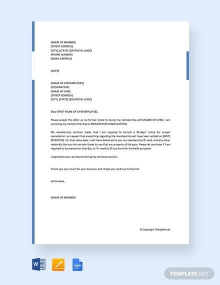 gym membership cancellation letter template google docs word
