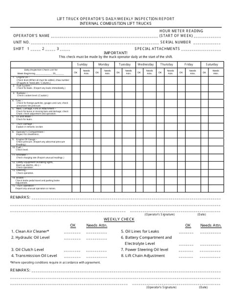 lift truck operators dailyweekly inspection report form fill  sign