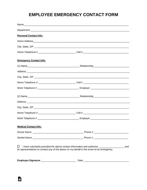 printable emergency contact form template printable form