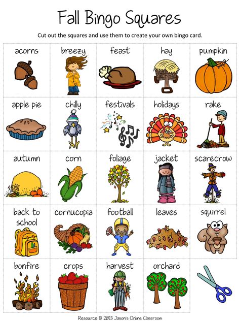 fall bingo squares  filled  pictures  words