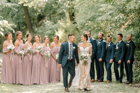 rustic elegant wedding party  dusty pink dresses  navy suits