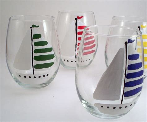 Sailboats Stemless Hand Painted Wine Glasses Painted By Raesmith