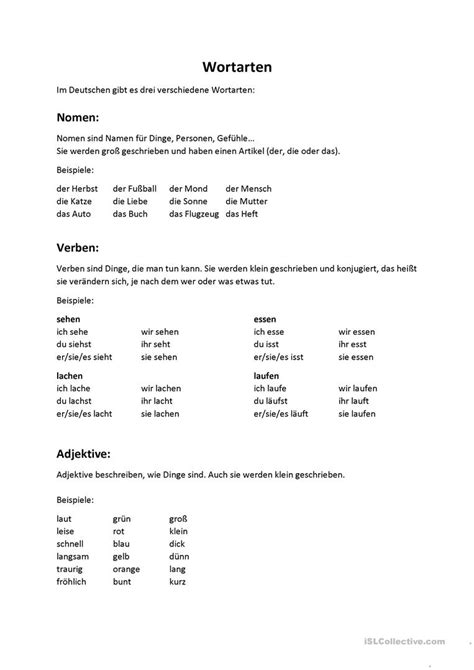 wortarten arbeitsblatt kostenlose daf arbeitsblaetter