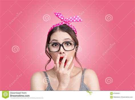 Fashion Portrait Of Asian Girl With Sunglasses Standing On Pink Stock