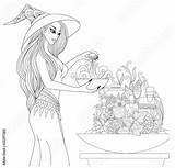 Pages Beautiful Coloring Witch Halloween Potion Bottles Vector Illustration Book Apothecary Herbs Preparing Theme Search Fotolia sketch template