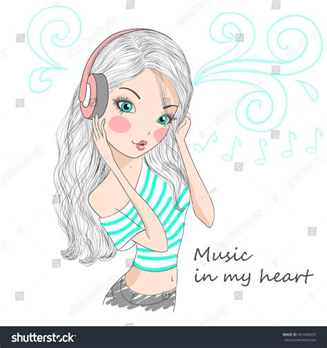 beautiful cute girl headphones listening music stock