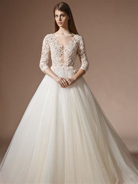 papilio lace bodice ball gown wedding dress   quarter sleeves