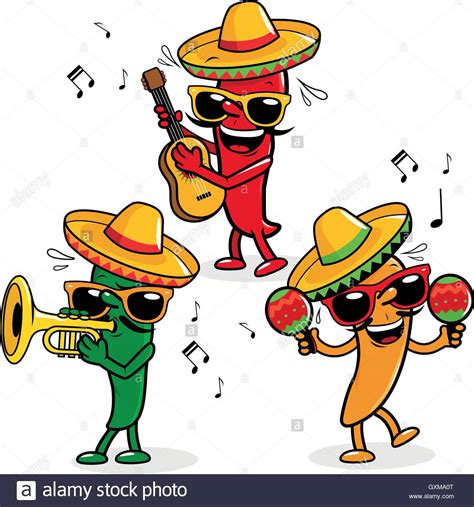 Cartoon Hot Mariachi Peppers Wearing Sombreros And Playing