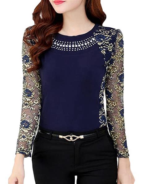 Top Elegant Sexy Women Fall Long Sleeve Blouse Beading Pearl Floral