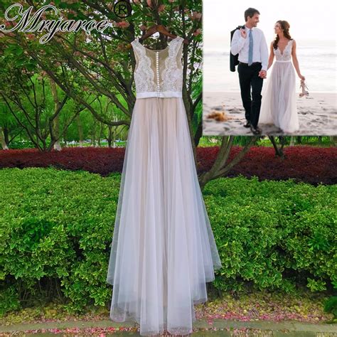 Mryarce Beach Wedding Dress Illusion Neckline Lace Appliques Flowy