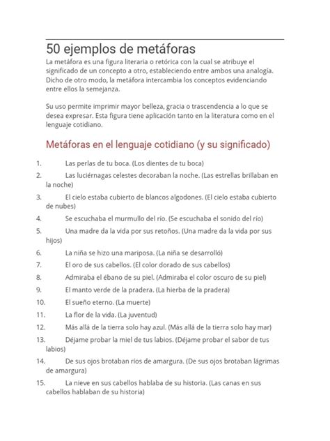 50 Ejemplos De Metáforas Pdf Metáfora