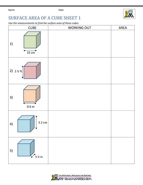 surface area   cube worksheet  answers