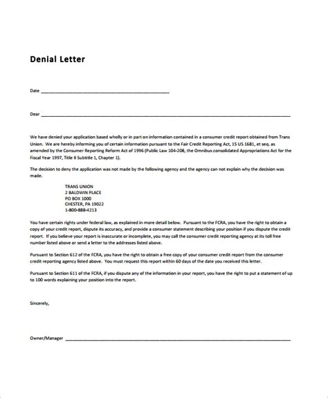 sample letter  credit denial