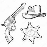 Cowboy Sheriff Coloring Western West Wild Gun Hat Star Pages Doodle Badge Vector Drawing Boots Sketch Objects Style Template Tattoo sketch template