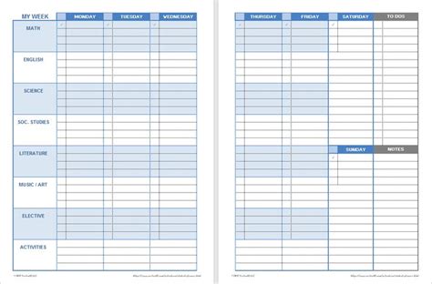 printable weekly student planner template  excel