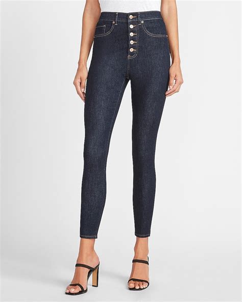 express super high waisted button fly skinny jeans in dark wash