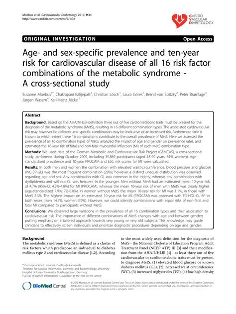 Pdf Age And Sex Specific Prevalence And Ten Year Risk For