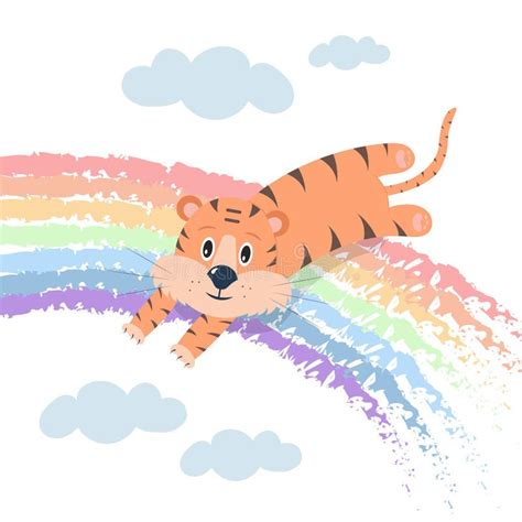 cute tiger  jumping   rainbow  clouds stock vector