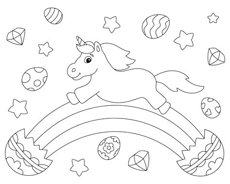cheerful easter unicorn coloring book page  kids cartoon style