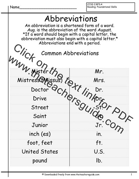 abbreviations worksheets   teachers guide