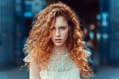 Women Redhead Face Long Hair Curly Hair Blue Eyes Freckles Lods