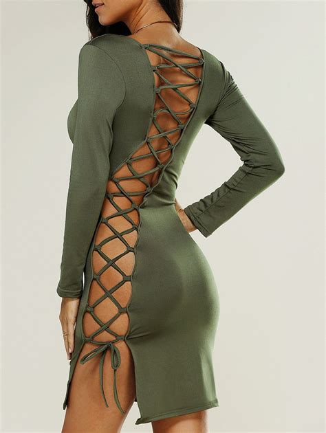 [55 Off] Lace Up Bodycon Club Dress With Sleeves Rosegal
