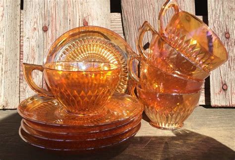 5 Orange Iridescent Lustreware Cups And Saucers Jeannette Etsy