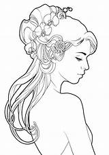Coloring Pages Flower Hair Nouveau Digi Stamps Colouring Drawings Flowers Adult Girls Girl Printables Line Coloriage Mermaid Loup Books Adults sketch template