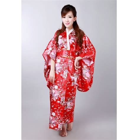 Japanese National Women Red Kimono Satin Yukata With Obi Traditional