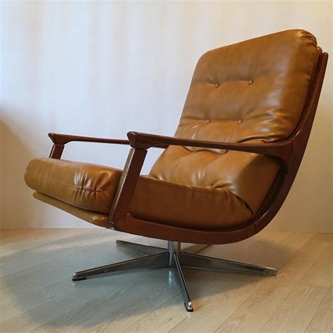 midcentury modern german camel leather swivel lounge chair