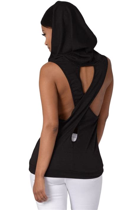 Women Black Cross Back Sleeveless Pullover Hoodie Online